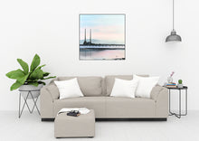 Load image into Gallery viewer, A tranquil Dublin seascape featuring the Poolbeg Towers and the Bull Wall Wooden Bridge in soft, dawn-lit tones.
