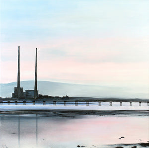 A serene painting of Dublin's Poolbeg Towers and Bull Wall Wooden Bridge at dawn, with soft pastel hues reflecting on calm tidal waters.