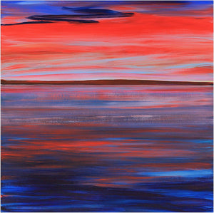 Acrylic painting of Lough Corrib with expressive red and blue brushstrokes evoking the far shore and shifting Irish light.