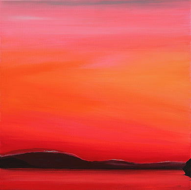Red Sunset over Lough Corrib, blending pink, orange, and fiery red hues across the horizon.