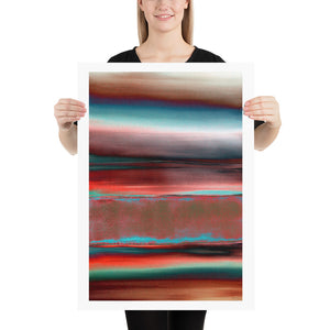 Meditative, otherworldly and immersive. Bands of deep crimson, sun-warmed ochre, and electric turquoise unfold in luminous layer, reminiscent of woven textiles, stratified landscapes, and the ever-shifting play of light by Irish artist Orfhaith Egan.
