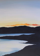 Load image into Gallery viewer, A serene depiction of a sunset casting warm hues over the tranquil waters of a quiet lake, evoking peace and calm.
