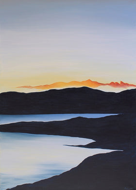 A serene depiction of a sunset casting warm hues over the tranquil waters of a quiet lake, evoking peace and calm.