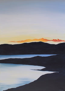 A serene depiction of a sunset casting warm hues over the tranquil waters of a quiet lake, evoking peace and calm.