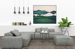 An original painting of South Lake Doon, where the tranquil waters reflect the surrounding mountains, capturing the stillness and quiet of Connemara.