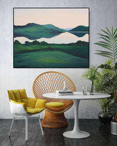 A calming painting of South Lake Doon, with gentle reflections on the still waters of Lough Corrib, framed by the rugged mountains of Connemara.