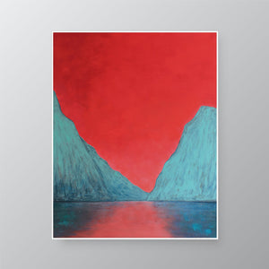 A contemporary Irish landscape painting depicting the dramatic contrasts of Killary Fjord - cool blue -green mountains against a fiery red backdrop.