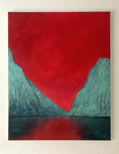 Expressionist painting of Ireland's only fjord, where textured verdigris-toned cliffs meet a glowing crimson sky, inspired by Leenane's mythic landscape.