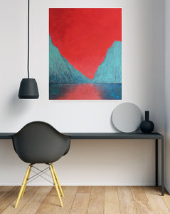 Modern landscape painting of Ireland's only fjord with deep blue-green mountains against a fiery red backdrop.