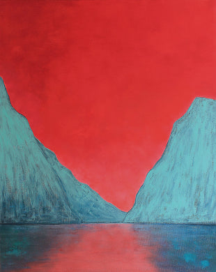 Abstract landscape painting of Killary Fjord with deep blue-green mountains and a striking red sky, evoking the wild beauty of Connemara.
