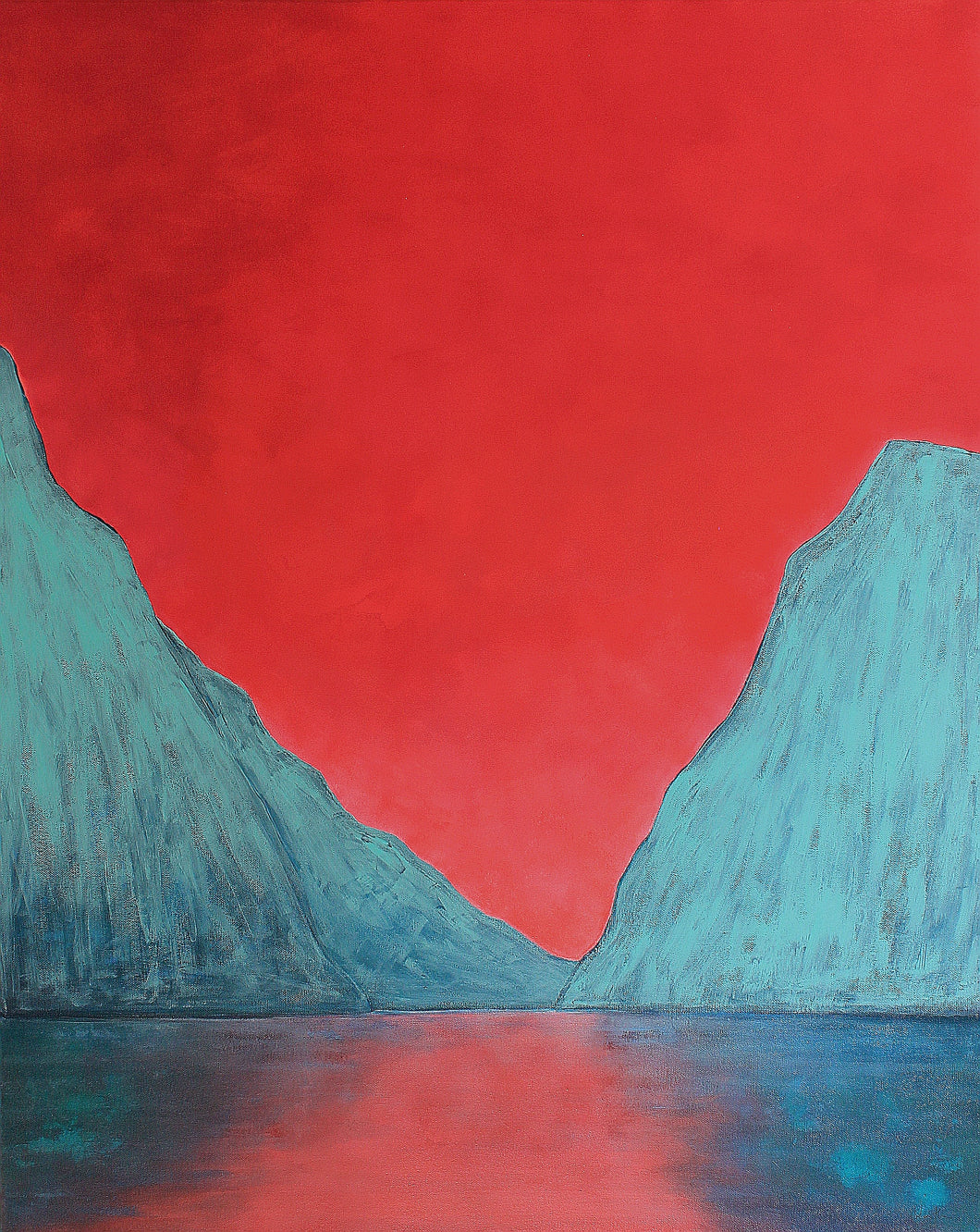 Abstract landscape painting of Killary Fjord with deep blue-green mountains and a striking red sky, evoking the wild beauty of Connemara.