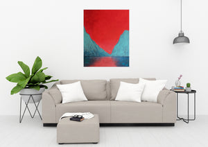 Verdigris captures the meeting of land, water, and sky in a strikingly modern palette. The textured green-blues of the mountains contrast against a luminous red sky, evoking the intensity of Killary's ever-changing light.