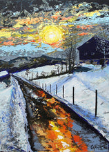 Load image into Gallery viewer, Full view of Winter Sun, an expressive snow-covered Alpine landscape at sunset, painted by Orfhlaith Egan.

