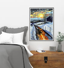 Load image into Gallery viewer, Framed version of Winter Sun on a gallery wall, showcasing vibrant winter colours and rich texture.
