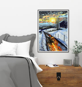 Framed version of Winter Sun on a gallery wall, showcasing vibrant winter colours and rich texture.