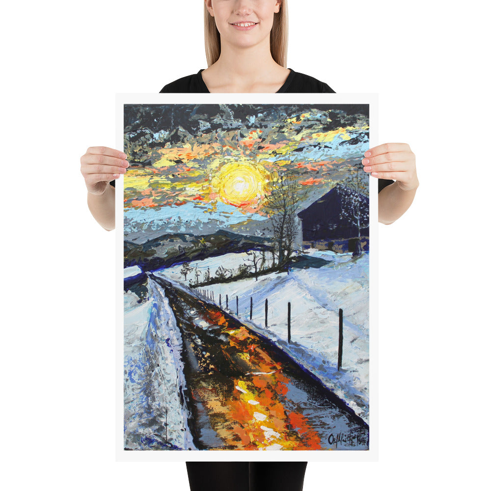 A glowing snow-covered road reflecting golden sunlight in Winter Sun by Orfhlaith Egan.