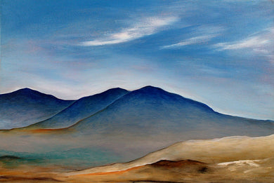 Blue Hills painting by Orfhlaith Egan, soft Irish landscape with hills and blue sky.