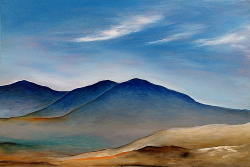Blue Hills painting by Orfhlaith Egan, soft Irish landscape with hills and blue sky.