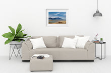 Load image into Gallery viewer, Acrylic painting showing peaceful blue hills under a luminous sky.
