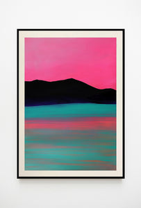 Contemporary acrylic painting depicting a peaceful lake scene, with pink ripples reflecting soft twilight light, evoking calm and serenity.