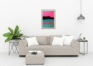 A dreamlike landscape painting with pink and coral reflections on the water, creating a soothing atmosphere of tranquility and calmness.