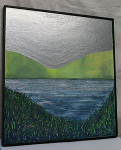 Lake Landscape Origins | Acrylic on wood 43x41cm framed black wood | Light on Metallic Silver Sky side view left | asoftday by Orfhlaith Egan