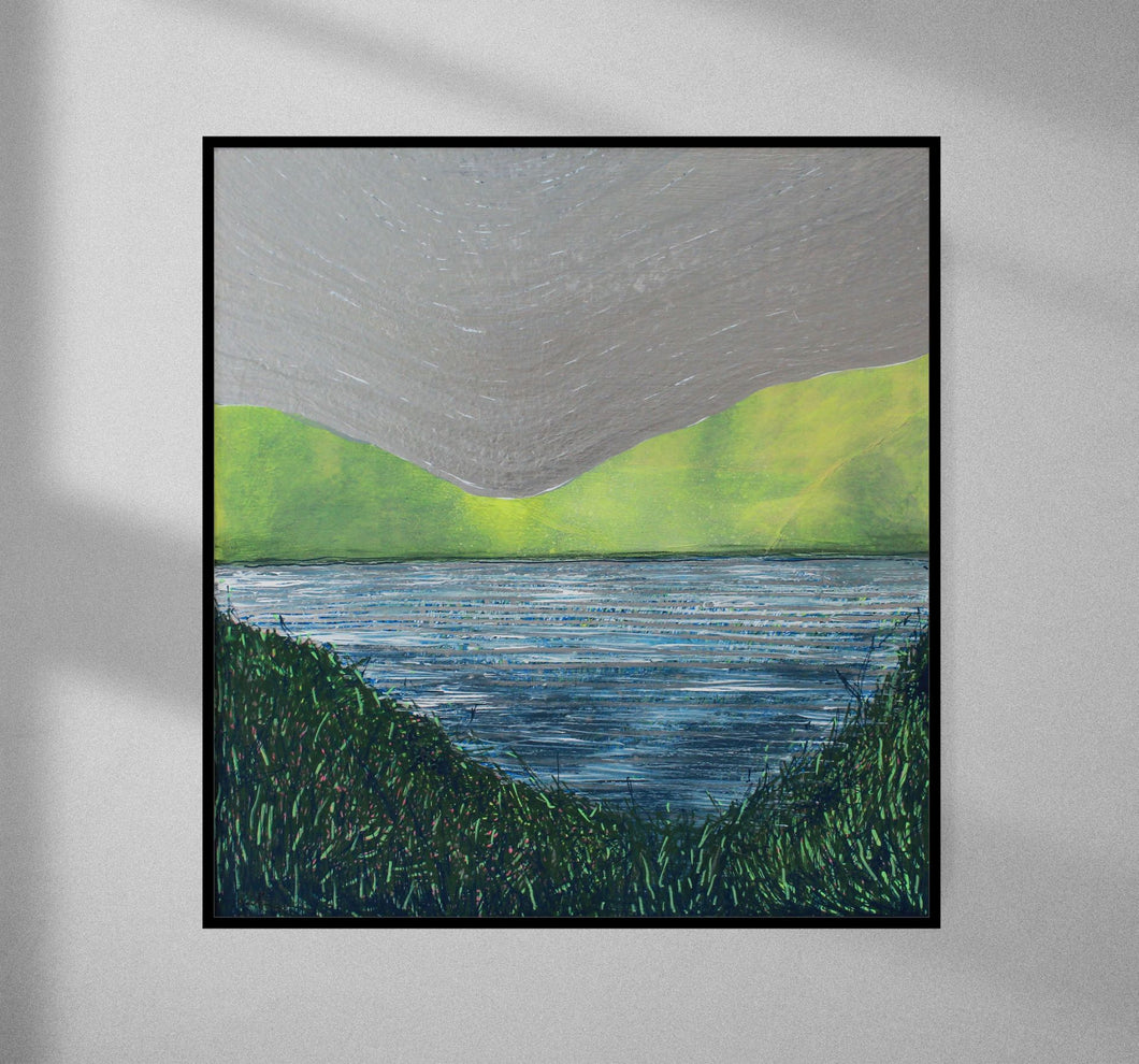 Lake Landscape Origins | Acrylic on wood 43x41cm framed black wood | Light from window interior | asoftday by Orfhlaith Egan