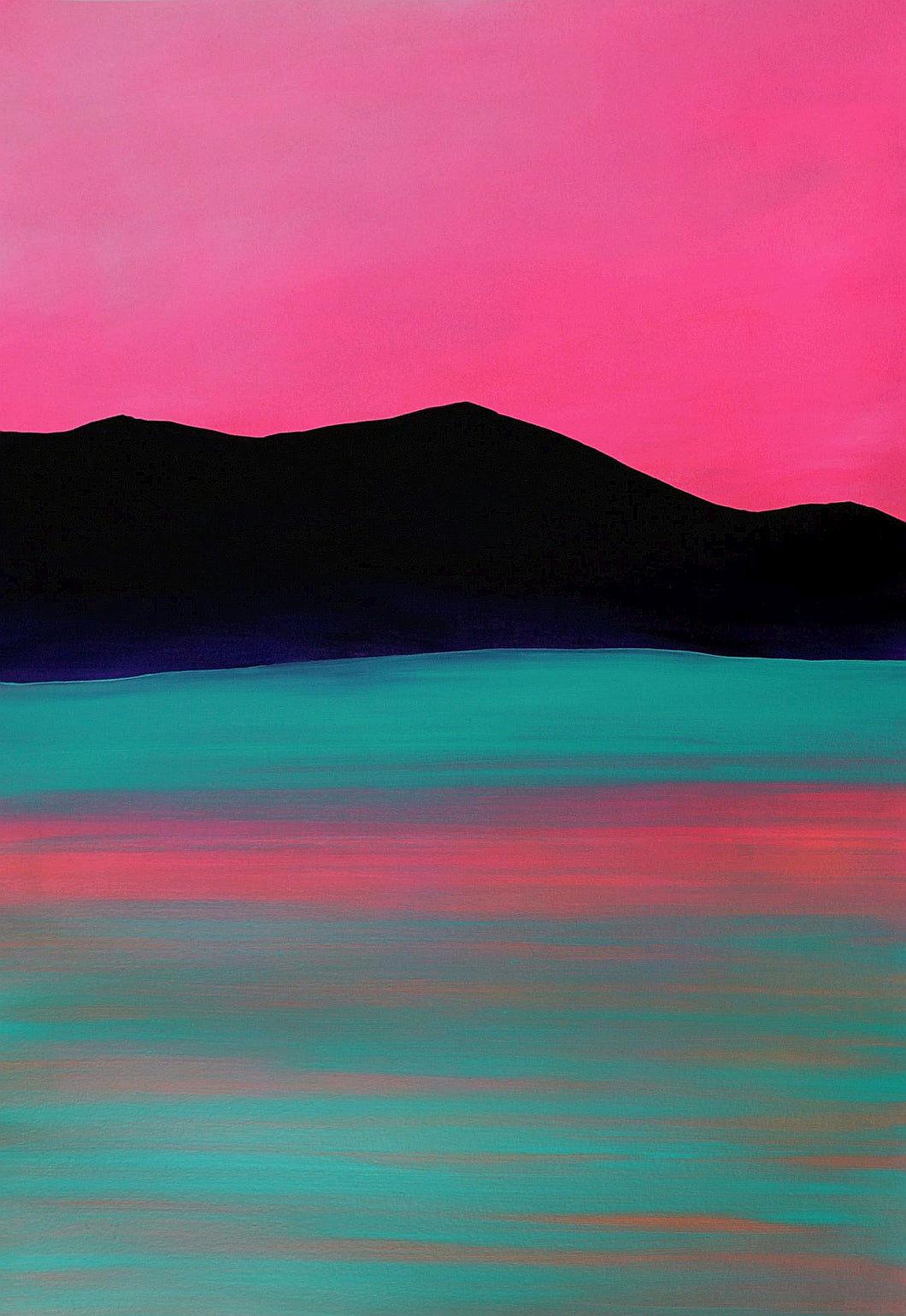 A tranquil acrylic painting of pink and coral hues reflecting on a serene lake at twilight, capturing the essence of peaceful water ripples.