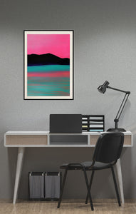 A neon-inspired acrylic painting of a lake's pink ripples at twilight, blending abstract art with natural landscapes for a modern, tranquil aesthetic.