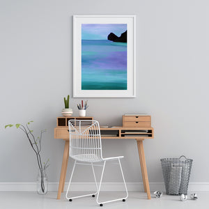 Serene landscape art print depicting a calm lake at dusk, with soft violet and blue reflections evoking a sense of peace.