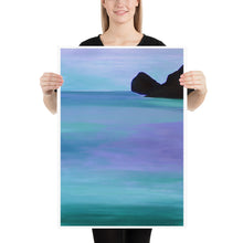 Load image into Gallery viewer, Abstract landscape art print featuring soft violet and blue tones, depicting a calm lake scene under a glowing twilight sky.
