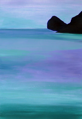 A tranquil art print of violet and blue hues reflecting on a serene lake at twilight, capturing the essence of peaceful water ripples.