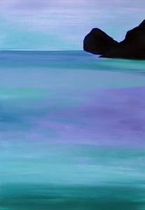 A tranquil art print of violet and blue hues reflecting on a serene lake at twilight, capturing the essence of peaceful water ripples.